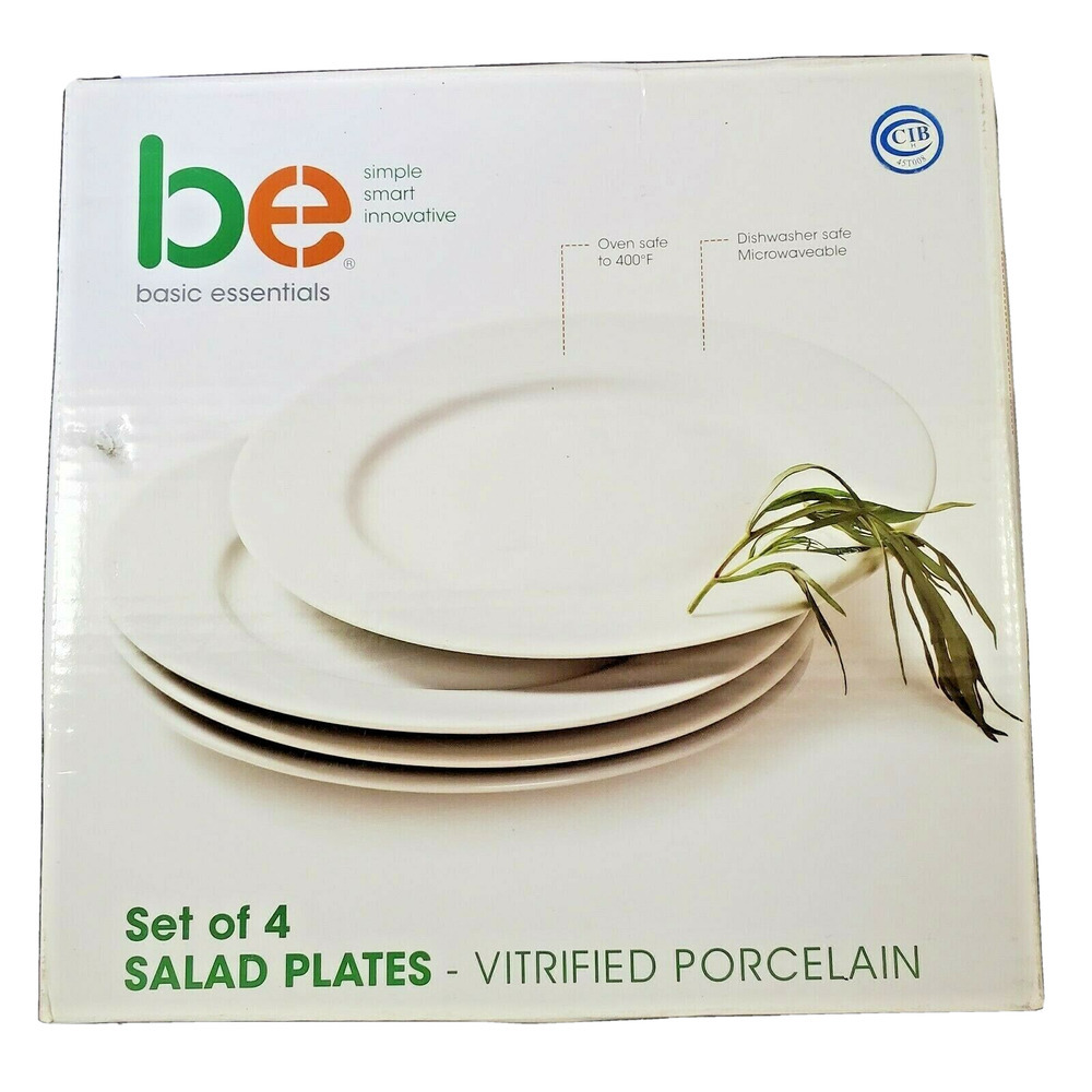 Basic Essentials Set Of 4 White Salad Plates Vitrified Porcelain Restaurant Ware